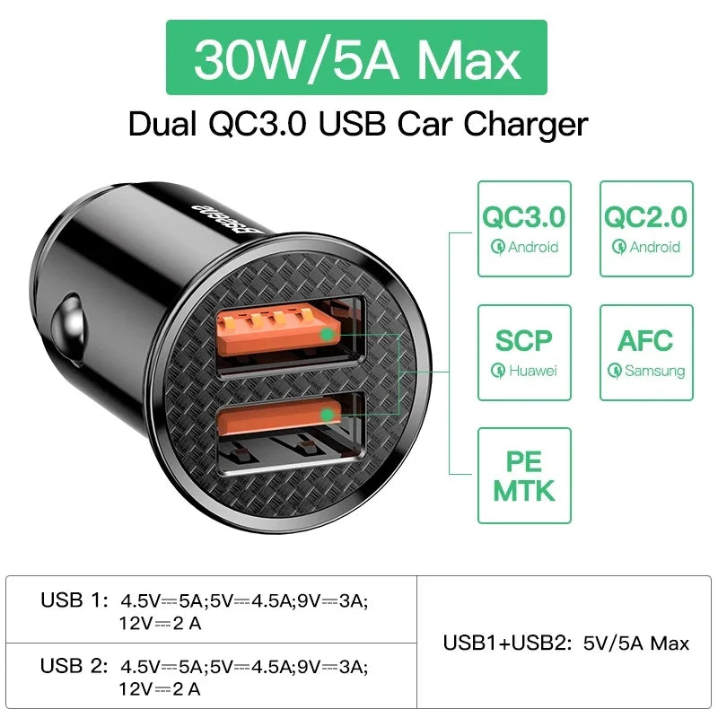 Baseus Dual USB Car Charger 5A Fast Charing 2 Port 12-24V Cigarette Socket Lighter Car USBC Charger for iPhone 12 Power Adapter