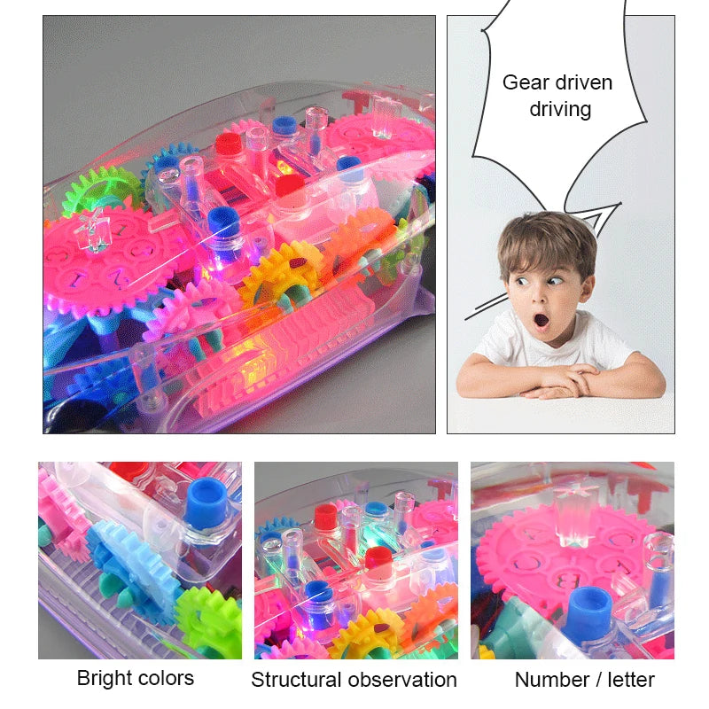 Kids Flashing Electric Racing Car Toys Transparent Light Colorful LED Music Mechanical Gear Vehicle Luminous Model Children Gift