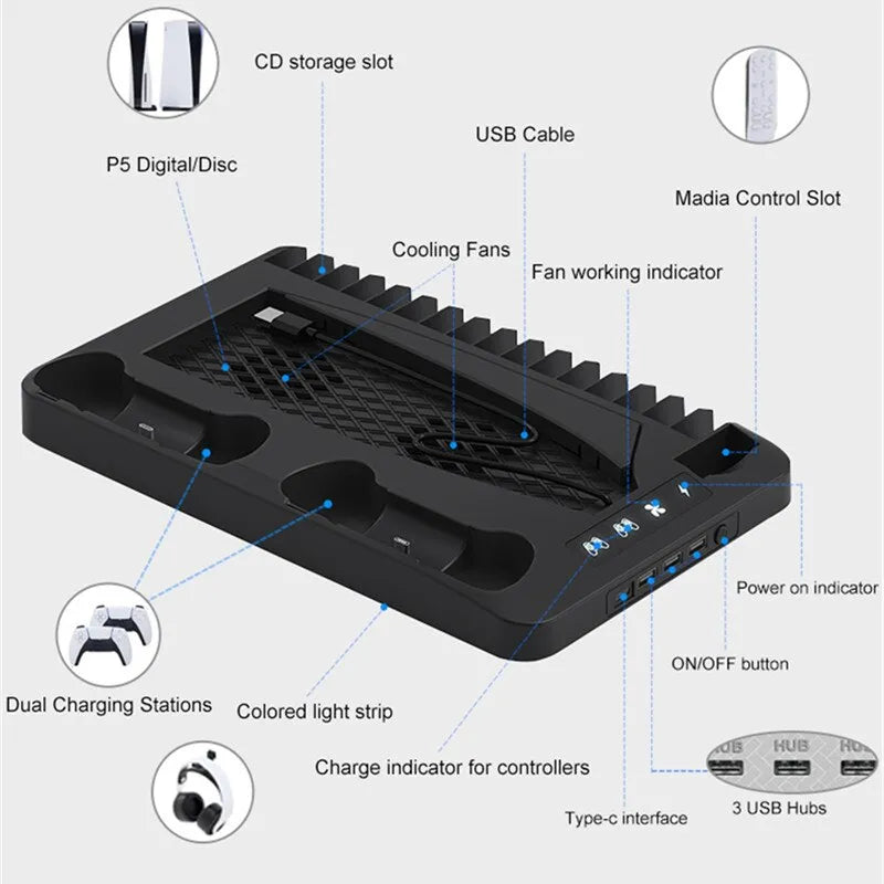 Estação de resfriamento  Playstation5 com luz rgb suporte de refrigeração duplo