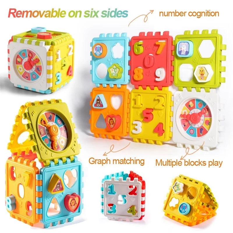 Puzzle Building Block Toy Shape Matching Hexahedron with Number Graphic Cognitive Block for Baby