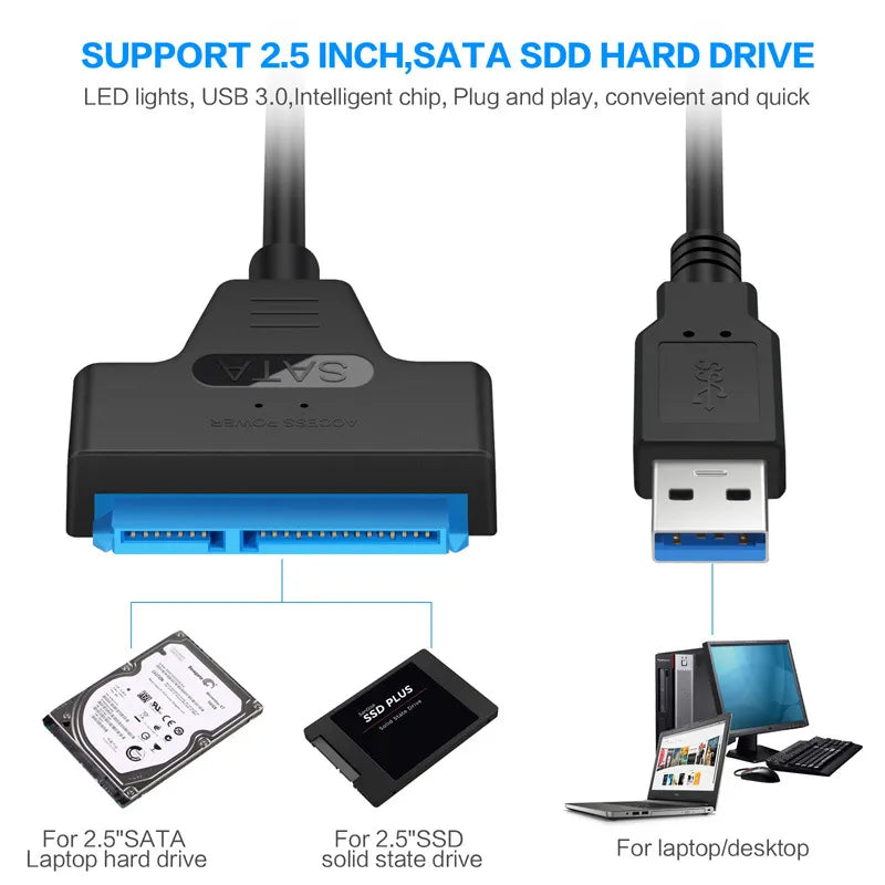 Cabo SATA to USB 3.0 / 2.0 6 Gbps I HDD SSD Hard Drive SATA 3 22 Pin Adapter