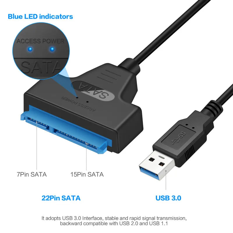 Cabo SATA to USB 3.0 / 2.0 6 Gbps I HDD SSD Hard Drive SATA 3 22 Pin Adapter